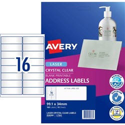 Avery Crystal Clear Laser Address Label 99.1x34mm 16UP 160 Labels 10 Sheets