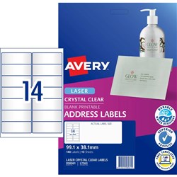 Avery Crystal Clear Laser Address Label 99.1x38.1mm 14UP 140 Labels 10 Sheets