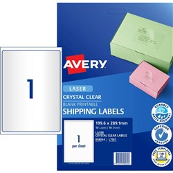 Avery Crystal Clear Laser Address Label 199.6x289.1mm 1UP 10 Labels 10 Sheets