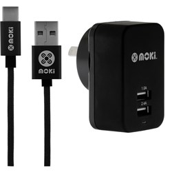 Moki Type-C SynCharge 150cm Braided Cable + Wall Charger Black